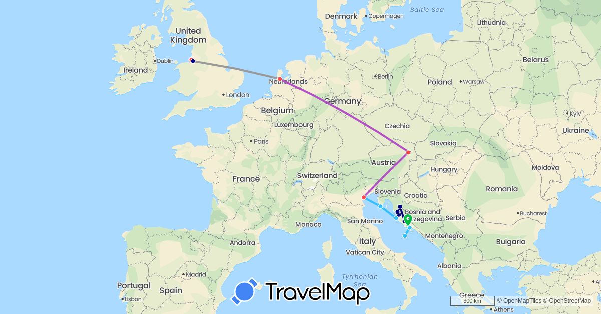 TravelMap itinerary: driving, bus, plane, train, hiking, boat in Austria, United Kingdom, Croatia, Italy, Netherlands (Europe)
